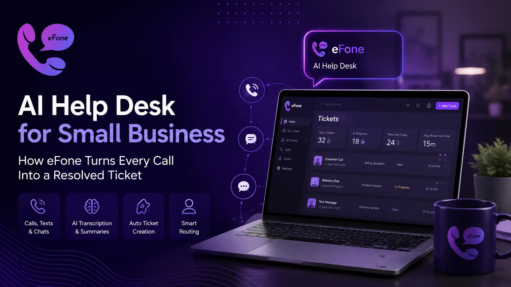 AI help desk for small business dashboard with tickets, call transcription, and shared team inbox